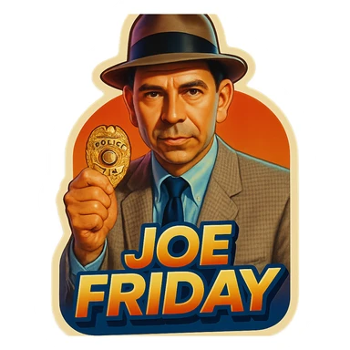 poster of Joe Friday inspired by the reference photo, retro stickers style, holding a police badge sticker