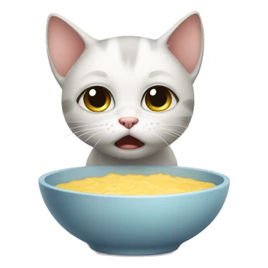 Sad crying kitten next to empty bowl sticker
