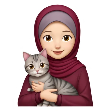 Asian white girl wearing maroon hijab holding a black grey tabby cat with smiling sticker