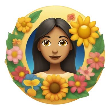 Latino woman's face inside a circle with a moon, flowers, and a sun in a line along the bottom of the circle. sticker