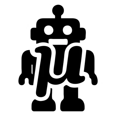 solid icon, blue lowercase mu, toy robot in background, simple and bold sticker