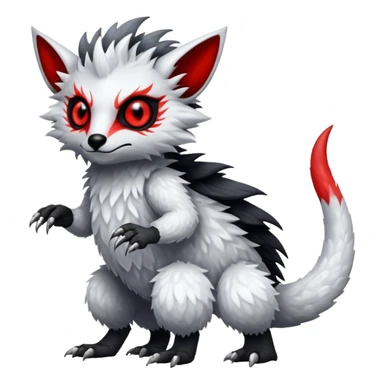 a white and silvery exotic edgy vernid-fionbr-Fakémon-creature, with black belly and red eyes, full body sticker