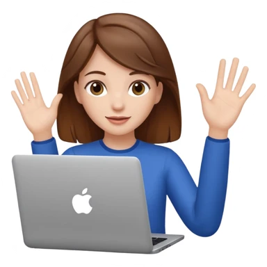 white girl with brown hair using a laptop, waving sticker
