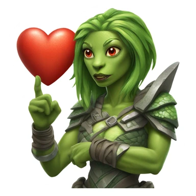 a Reptilian alien amazon woman full body, holding big red heart sticker