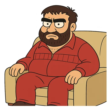Recep İvedik, iconic Turkish character, bushy eyebrows, mustache, red tracksuit, sitting on a couch, flat toon style sticker