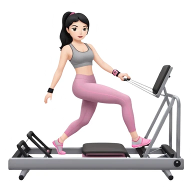 Create a Pilates emoji: a girl with fair skin and black hair, wearing a grey bra and grey leggings with pink pilates socks, exercising on a pilates reformer and not looking at the camera sticker
