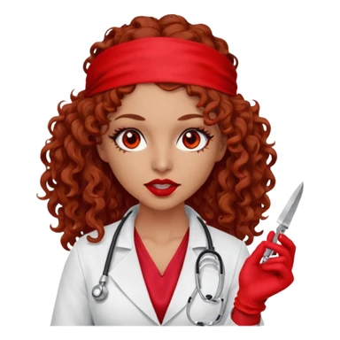 Lilith scalpel in hand, evil surgeon sexy surgeon clothes.  She has red eyes.Her  brown long curly hair. Wears sexy doctor outfit with red gloves. Hides mouth necknose with red bandana to hide her identity. Hair is long and brown sticker