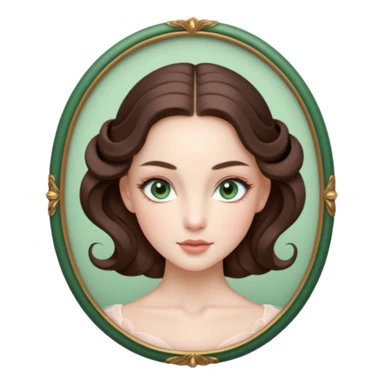 Cinema Realistic Ballerina Portrait, with porcelain-like skin featuring a natural rosy flush, illuminated by soft lighting that highlights the gentle contours of her face. Her Brunette hair flows in soft.Her deep green light eyes radiate framed by arched brows and long lashes. sticker