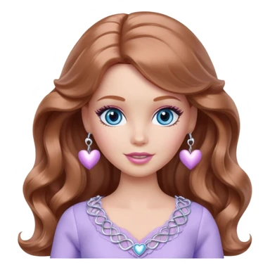 Barbie girl Chestnut long wavy hair and blue eyes is In pale purple clothes There are silver hearts all around sticker