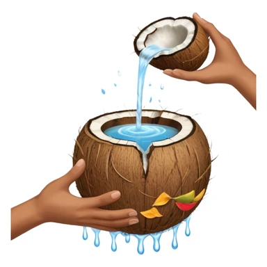 two hands with water in it, pouring the water down onto a full coconut sticker