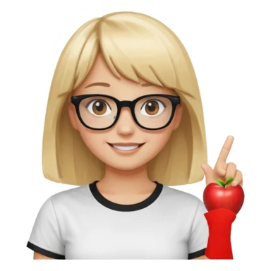 smiling girl with blonde hair, bangs, and brown eyes, wearing black square glasses and a white oversized T-shirt, pointing her finger up to the right, Apple emoji style sticker
