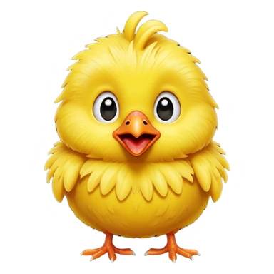 Cinematic Comical Yellow Baby Chicken Portrait Emoji, Head tilted dramatically with an exaggeratedly amused expression, featuring a striking, fluffy yellow downy coat with a tiny quirky red comb, wide, expressive beady eyes filled with playful disbelief, Simplified yet hilariously expressive features, highly detailed, glowing with a slightly sassy glow, high shine, dramatic yet playful, stylized with an air of cheeky mischief, bright and endearing, soft glowing outline, capturing the essence of a spirited and over-the-top chick, so meme-worthy it feels like it could peep its way into internet fame instantly! sticker