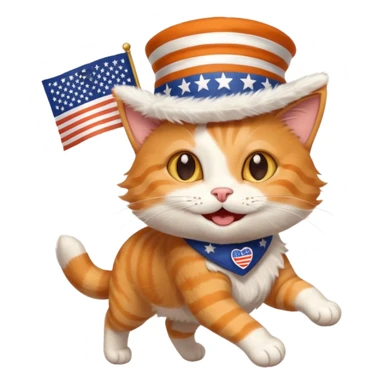 happy cat running for president with an "i voted" sticker and an american flag hat sticker