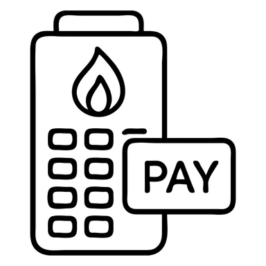 Gazprom Pay financial transaction icon with gas flame symbol and payment terminal sticker