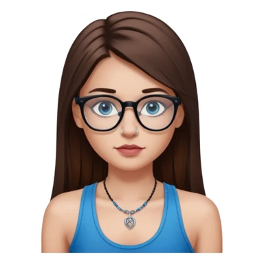 White girl with long straight brown hair and blue eyes wearing plastic frame glasses that go from black to clear ombré from top to bottom. Stud nose piercing on right side of nose and a septum piercing. Wearing black tank top. Rose tattoo on right arm. sticker