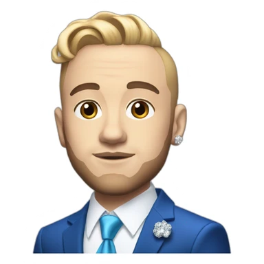 mac miller with a blonde comb over skin fade wearing a blue suit with a diamond chain sticker