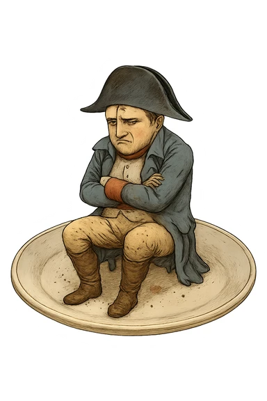 Сгенерируй мне такую же тарелку, только чтобы на ней сидел наполеон бонапарт, грустный, в чуть чуть рваной одежде. ТОРТ УБЕРИ ПОЛНОСТЬЮ. На прозрачной фоне. Наполеон должен быть цветной sticker