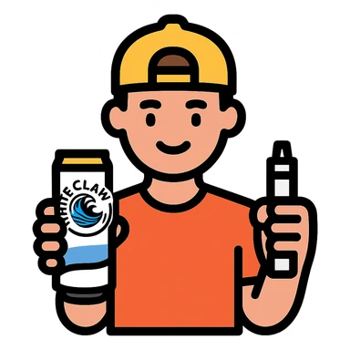stylized man in a t-shirt and baseball hat, holding a White Claw and a vape, vibrant outlined icon style sticker