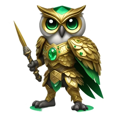 Gamer owl warrior wearing golden armor embedded with small emerald jewels, holding a staff sticker