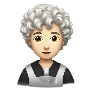 A portrait from the shoulders up of pasty white teenage boy with dark black curly hair holding a chalice of milk sticker