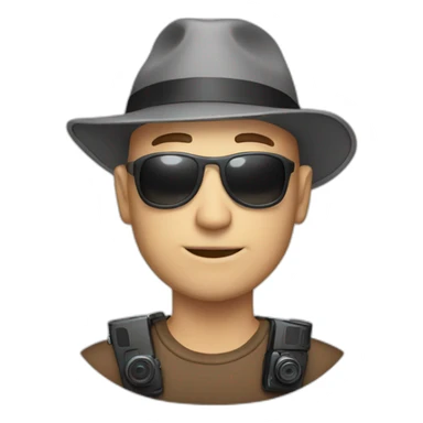 bald man with hat and camera sticker