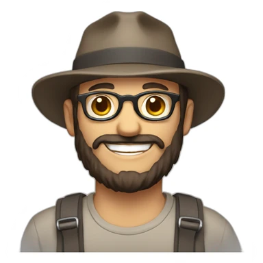 happy smile gardener face long dark beard and bald dark hair round glasses brown eyes and a hat sticker