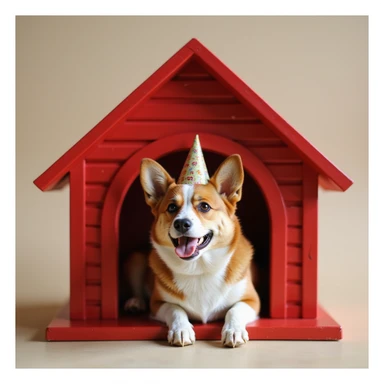 realistic red dog house with a Corgi dog inside, Corgi with a party hat, photorealistic style sticker