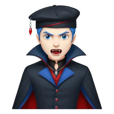 Vampire with blue hat,black coat with read collared ,teeth looks like vampire with aggression on face and full body. sticker