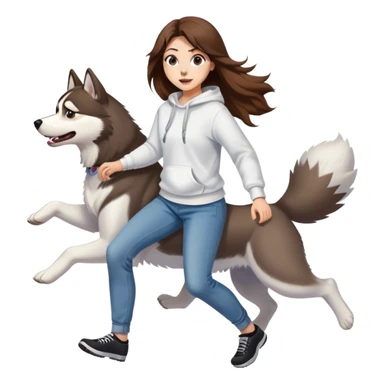 A beautiful girl with long hair wearing a white sweatshirt and jeans is chasing a husky sticker