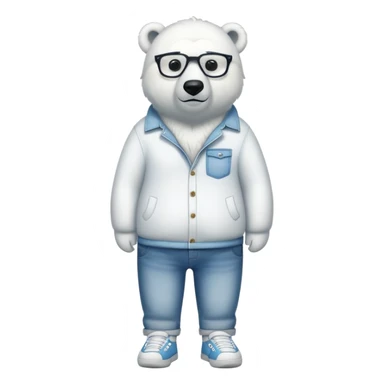 friendly anthropomorphised polar bear standing upright, looking chilled and unbothered, wearing a shirt, jeans, trainers, extravagant glasses sticker