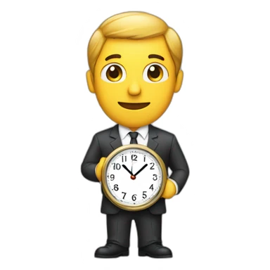 a man in a suit holding a clock sticker