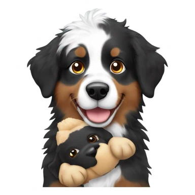 Australian shepherd in black tri coloring holding a stuffed animal sticker