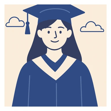 girl with long brown hair smiling wearing graduation hat and robe, clean modern illustration style sticker