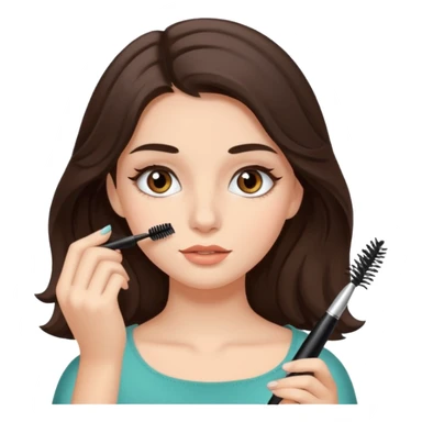 Garota branca de cabelos levemente ondulados castanhos escuros médio aplicando máscara de cílios sticker