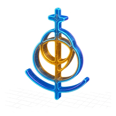 Re-imagine this symbol in a cyberpunk, holographic style with glowing neon blue and pink edges, circuit patterns throughout, and a transparent background. Maintain the recognizable geometric shape, overlaying neon and circuit effects in the same futuristic, clean style as the previous cyberpunk icons. The whole symbol should have a consistent cyberpunk glow and intricate circuit details. sticker