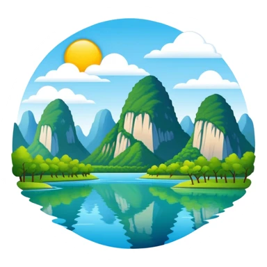 Li River karst mountains Guilin, simplified emoji style with bold outlines and bright colors, cartoon style mountains with river sticker