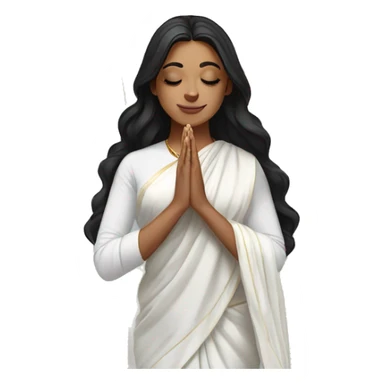 Light skin ;Black long hair wearing white saree praying infront a white temple sticker