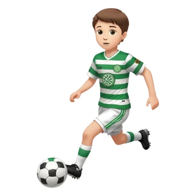 Celtic footballer jersey logo  6 years old brown hair white boy , brown eyes , stripes uniform , RUNNING  with soccer ball # 17 celtic football logo PUT ONLY ONE LOGO ONE CELTIC LOGO ONLY white shorts sticker
