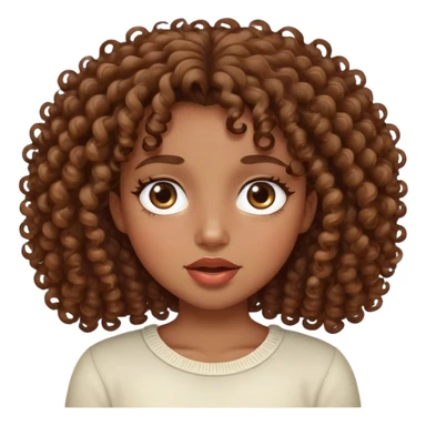A girl with curly hair, slightly fleshy mouth, almond eyes and dark brown sticker