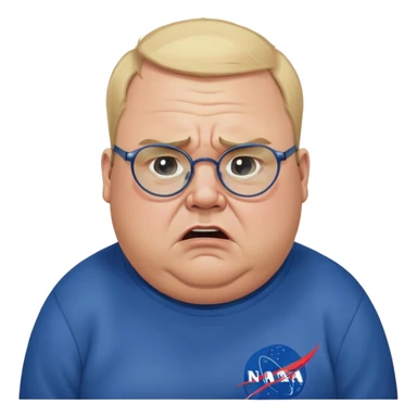angry fat man, crying like a kid,  blond short and hight receding hairline, wearing a dark blue sweatshirt, nasa logo on the sweatshirt, round glasses without frame, 40 years old sticker