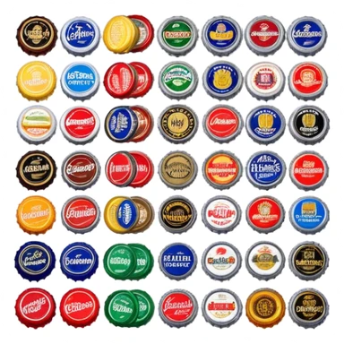 Icon for Beer Cap Collecting: a collection of colorful beer caps from different brands, arranged neatly on a table or in a display case. The icon should reflect the variety and charm of beer cap collecting. Transparent background. sticker