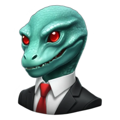 Aquamarine reptilian in classic black suite with red laser eyes on the middle of platinum coin sticker