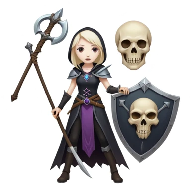 Necromancer girl with scythe and shield, in front of a dead mage sticker