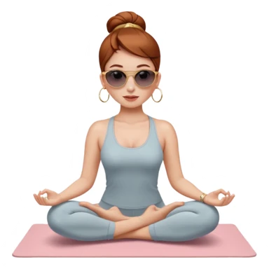 Clean girl influencer character, chest-up portrait.Sleek tight bun hair color (auburn .Natural glossy makeup, soft blush, shiny lips.chest up portrait , small gold hoop earrings, delicate gold necklace.Black sunglasses on head.Rolled yoga mat hanging over her shoulder. sticker