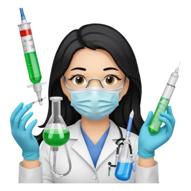 medica con guantes  y mascarilla e insumos laboratorio  jeringa tubos  pelo negro largo triguella sticker