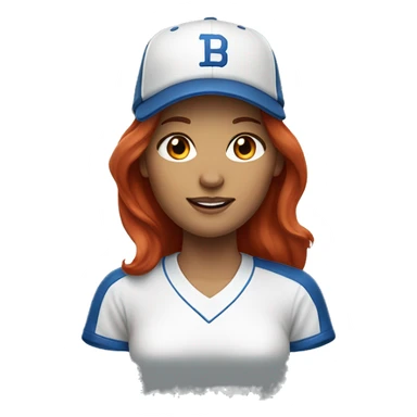 front facing, standing female coach with long red hair, wearing a white t-shirt and a simple blue baseball hat sticker