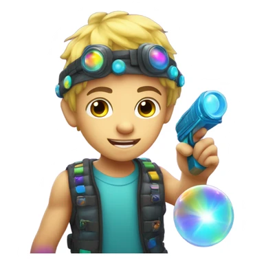 Caucasian boy in glowing rave outfit with headgear, shooting a bubble gun sticker