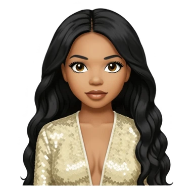 Tenitra Michelle Williams (b.1979), R&B Singer from Destiny's Child with long black hair, ivory sequin outfit, medium dark skin sticker