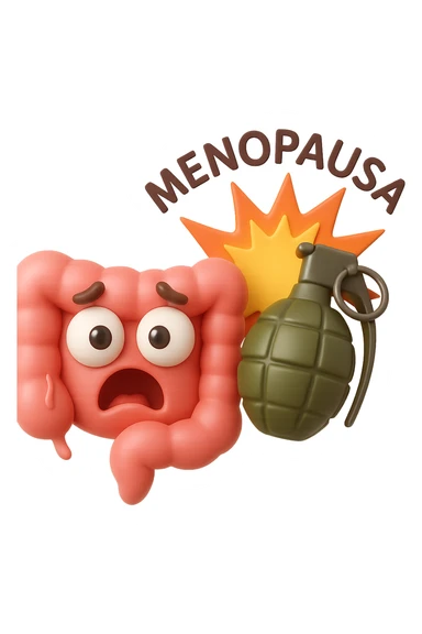 EMOJI STILE IPHONE 3D DI INTESTINO 3D CON ESPRESSIONE SPAVENTATA IN VOLTO MENTRE ACCANTO A LUI SCOPPIA UNA GRANATA 3D CON LA SCRITTA "MENOPAUSA" SOPRA, FAGLI ANCHE LA PARTE BIANCA DEGLI OCCHI, NON SOLO LA PUPILLA sticker