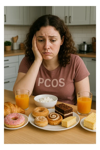 Donna con pcos, con colazione sbilanciata ricca di zuccheri e con poche proteine sticker